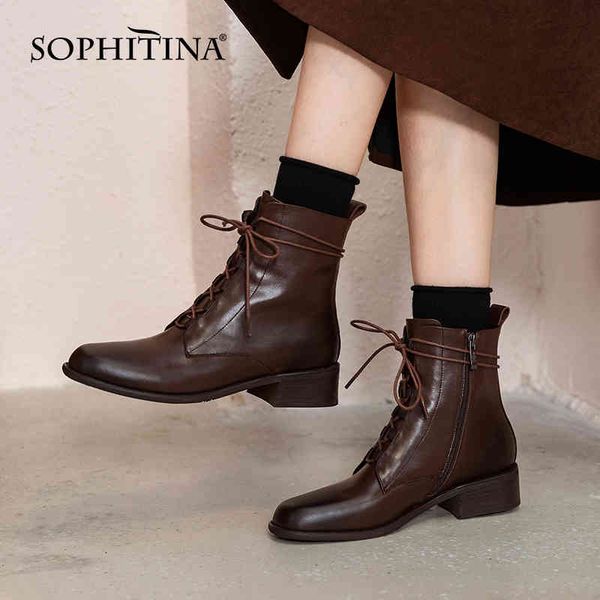 

sophitina casual ankle boots handmade cowhide lace-up round toe low-heeled office job boots spring/autumn women's shoes so773 210513, Black