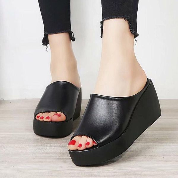 

big size summer style woman slipper platform shoes open toe high heels wedges beach slides zapatos mujer 71c74 slippers, Black