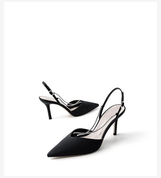 

all-match spring shoes pointed heel sandals shallow mouth slip-on loafers summer women's suit female beige stiletto fashion rhin dress, Black