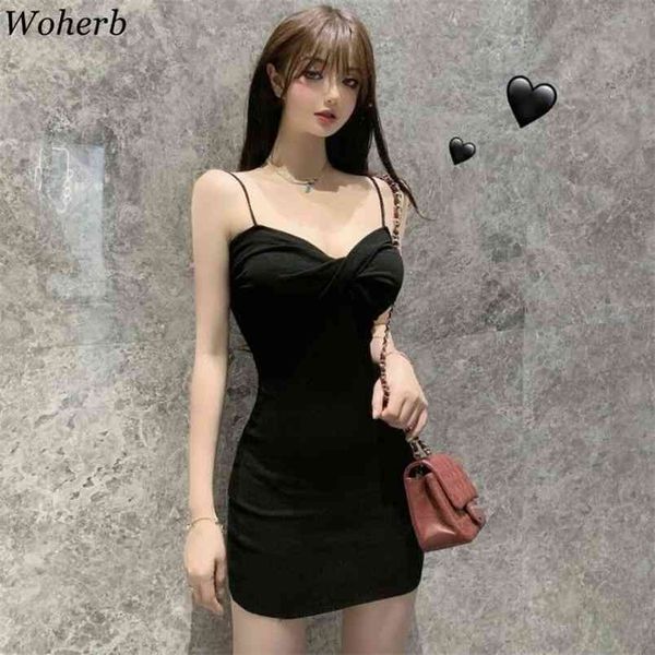 Mulheres Black Sweater Vestido coreano Sexy Verão V Neck Bodycon Vestidos Senhoras Slim Spaghetti Strap Trecho Mini Robe 210519