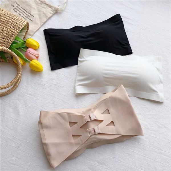 

summer traceless ice silk back wrapped chest one line bra two row button strapless girl underwear with pad, White