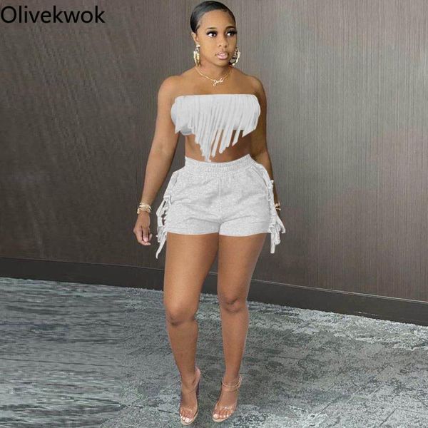 

women's tracksuits olivekwok summer women sets tassel slash neck fashion solid leisure two-piece suit street night outfits, Gray