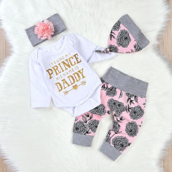 

baby clothes born toddler girls letter rompers jumpsuit flowers pants 4pcs outfit set bodysuit clothing sets, White