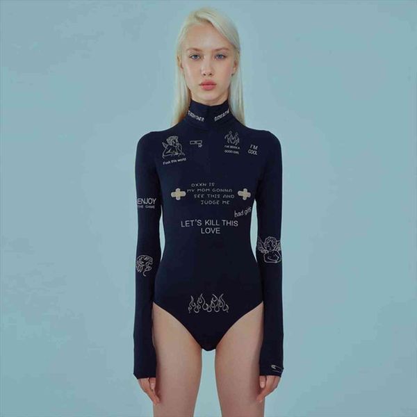 

autumn slim casual letter print womens romper long sleeve turtleneck bodycon bodysuit elastic sporty fitness fashion skinny streetwear, Black;white