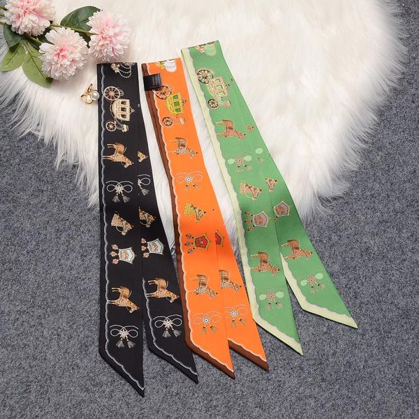 

scarves retro horse head carriage chain printed handle bag ribbons brand fashion scarf small long skinny silk hijab, Blue;gray