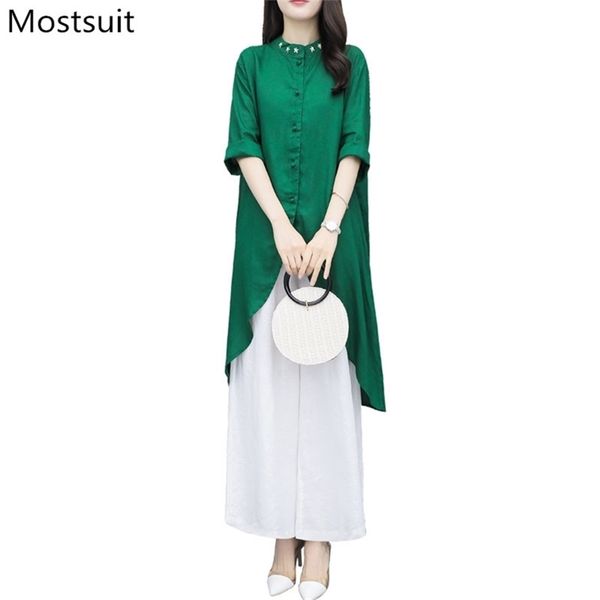 Moda vintage in cotone e lino in due pezzi da donna verde lungo top + pantaloni a gamba larga abiti casual coreano elegante da donna abiti 210513