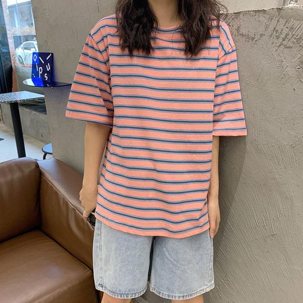 

korean o-neck t-shirt women kawaii pink striped harajuku 2021 tshirt summer short sleeve casual loose tee camiseta feminina women's, White