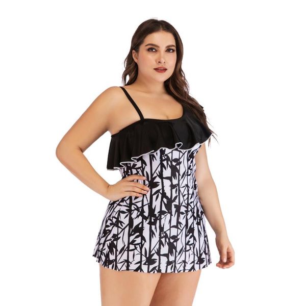 

swimwear plus size brazilian one shoulder ruffled bamboo leaves monokini swimming dress push up padded tankini swimsuit bodysuit one-piece s