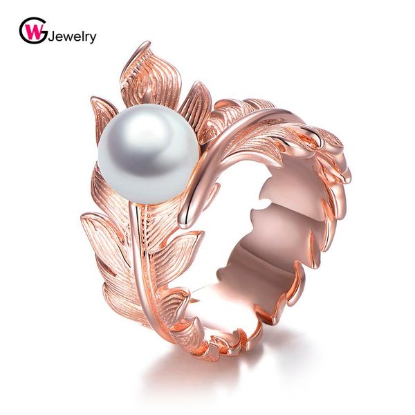 

cluster rings women pearl 925 sterling silver ring feather rose gold for jewelry cocktail gift lovely, Golden;silver