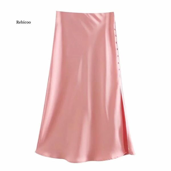 

skirts solid satin elastic waist women side slit midi skirt fashion casual lady button decoration slim a-line, Black