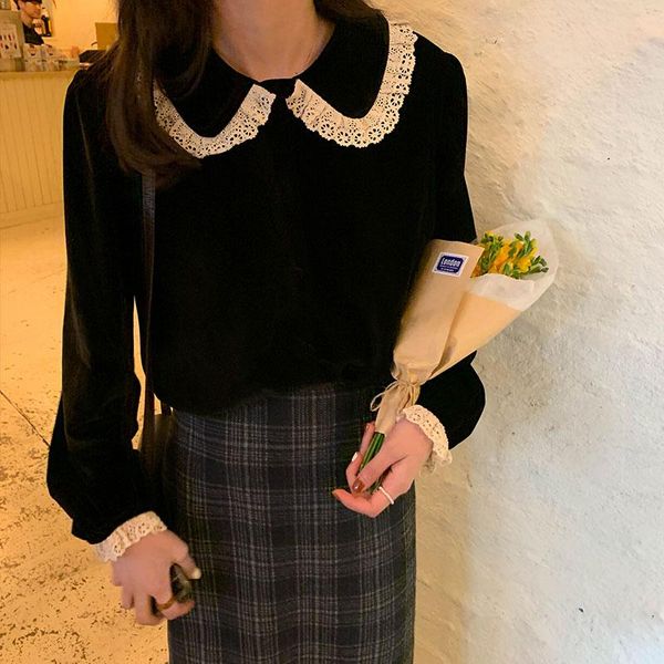 

women's blouses & shirts 2021 spring and autumn korean lace pathwork thick gold velvet long sleeve women outwear coats (x1246, White