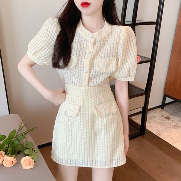 

two piece dress sweet small fragrance set women crop sleeve shirt blouse + skirts suits ladies fashion beading 2 zgmp, White