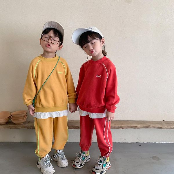 

clothing sets autumn boys girls loose solid color 2 piece set 2021 korean college style kids children long sleeve and pants clothes, White