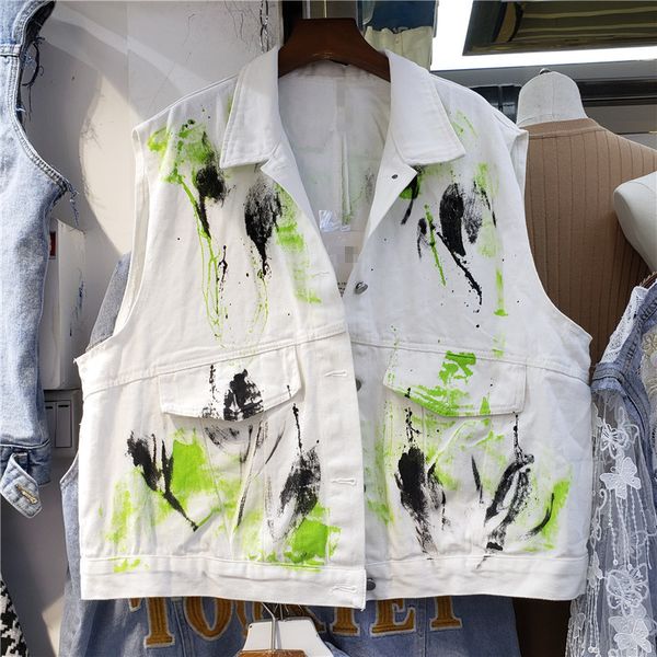 

spring women casual loose turn down color minimalist sleeveless graffiti vintage denim vest coat 16f0735 210510, Black;white