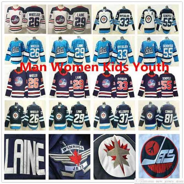 

96 Men Woman Youth Winnipeg Ice Hockey 26 Blake Wheeler 29 Patrik Laine 37 Connor Hellebuyck 81 Kyle Connor 55 Mark Scheifele Stitched Jerseys, As picture men size s-xxxl