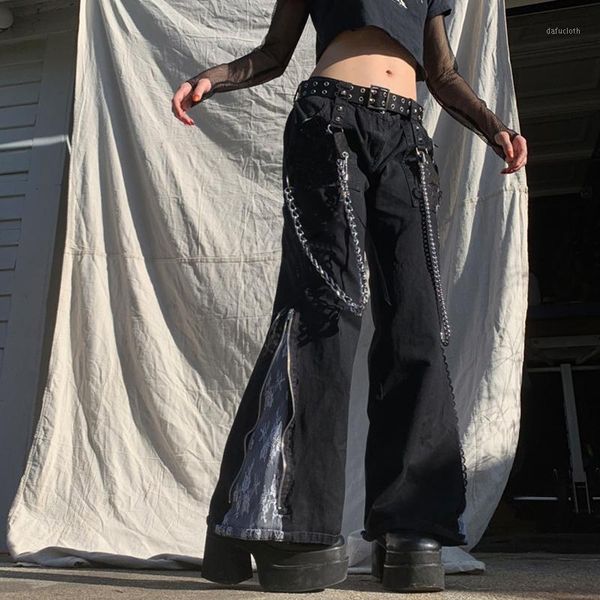 

women's jeans streetwear loose punk cargo women joggers harajuku retro low waist trousers wide leg cute chains sweatpants cuteandpsycho, Blue