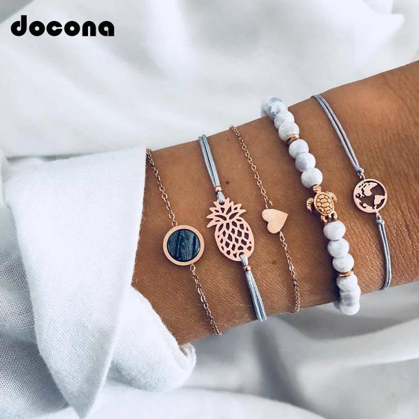 

blue string tortoise pineapple heart bracelet set for women bohemian map beads adjustable bangle 5pcs/1set 6855, Black