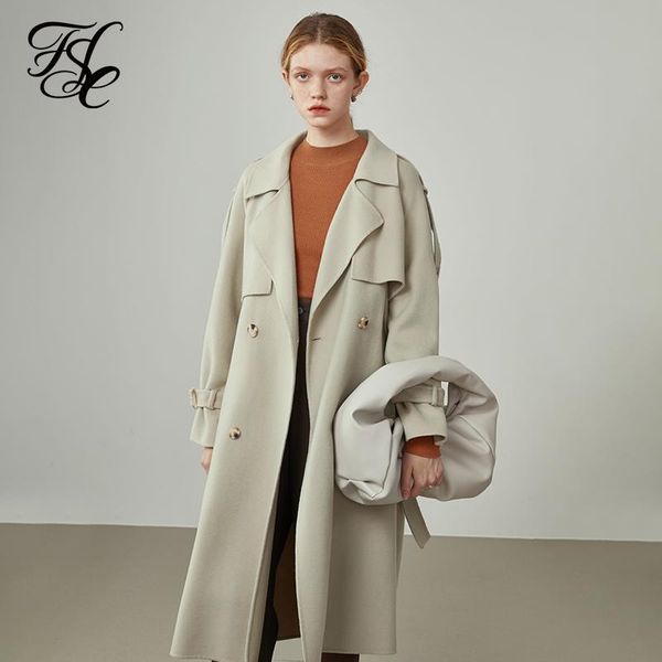 

women's wool & blends fansilanen women windbreaker-style double breasted coat mid-length suit collar orange woolen jackets apricot comm, Black