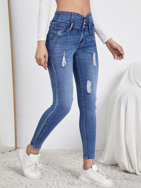 

button fly ripped skinny jeans i26k#, Blue