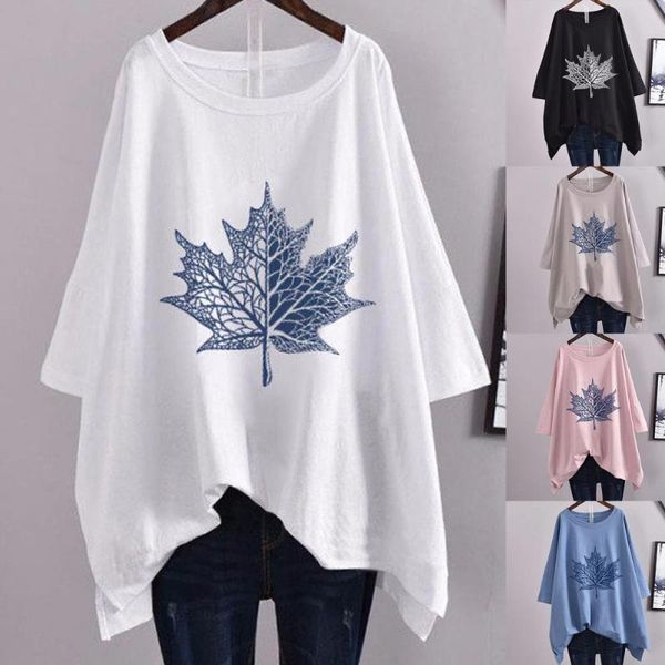 

women's t-shirt women casual short sleeve leaf print o neck irregular hem mid-length loose for summer, White