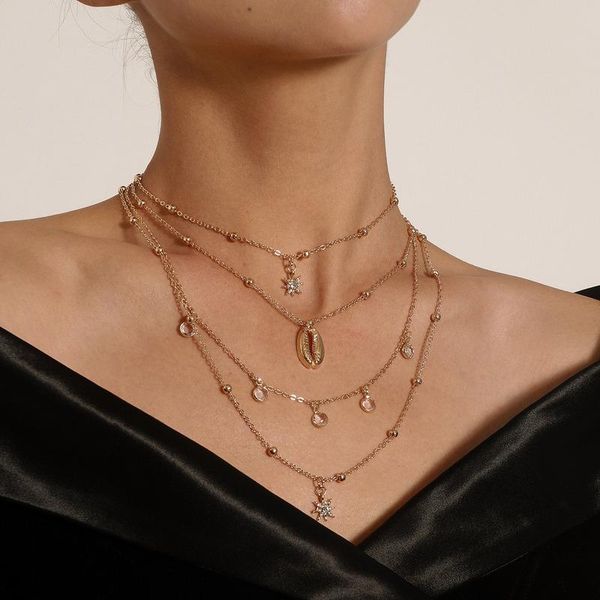 

chains multilayer necklaces woman shell necklace for women retro rhinestone fashion girls jewelry gold color boho star pendant collier, Silver