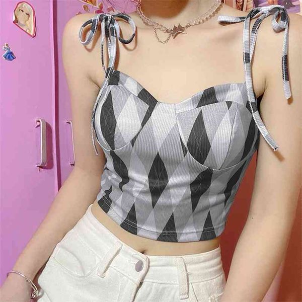 

argyle print y2k camis crop for girls with thin strap summer women vintage plaid shirt sleeveless kawaii tee female 210510, White