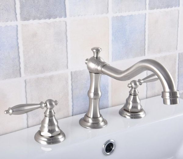 

brushed nickel brass deck mounted dual handles widespread bathroom 3 holes basin faucet mixer water taps mnf691 sink faucets