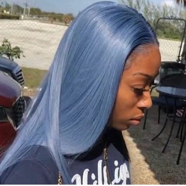 

light blue 24 inches long straight synthetic hair lace frontal wig with natural hairline high temperature fiber for women, Black