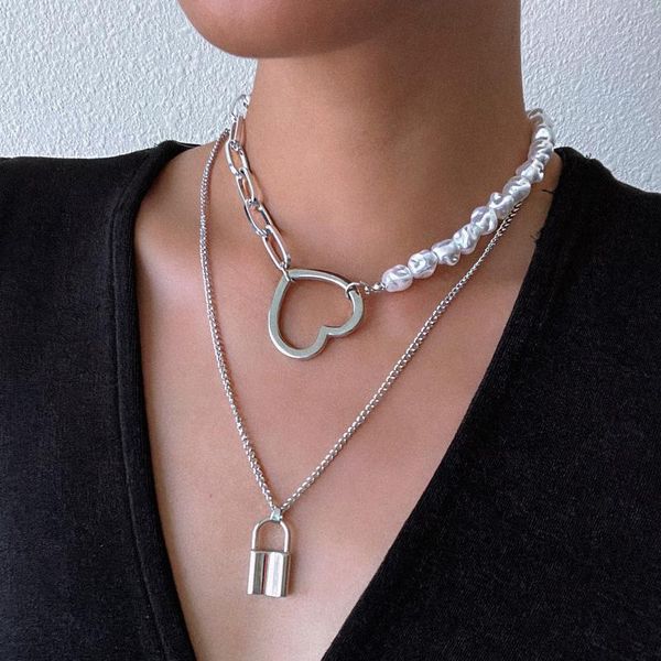 

chains fashion heart pendant necklace women stylish baroque simulated pearl beads neck jewelry decoration 2021, Silver