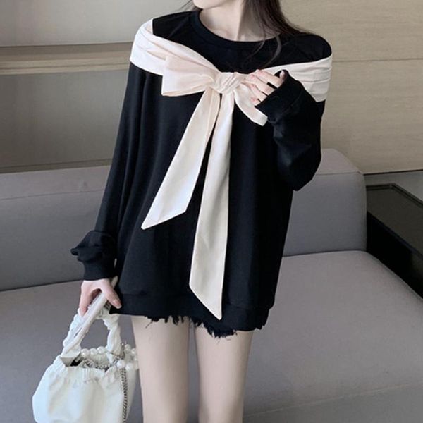 

women's hoodies & sweatshirts autumn winter korean loose fashion all-match long sleeve sweatshirt shawl bow fake two pieces hedging wom, Black