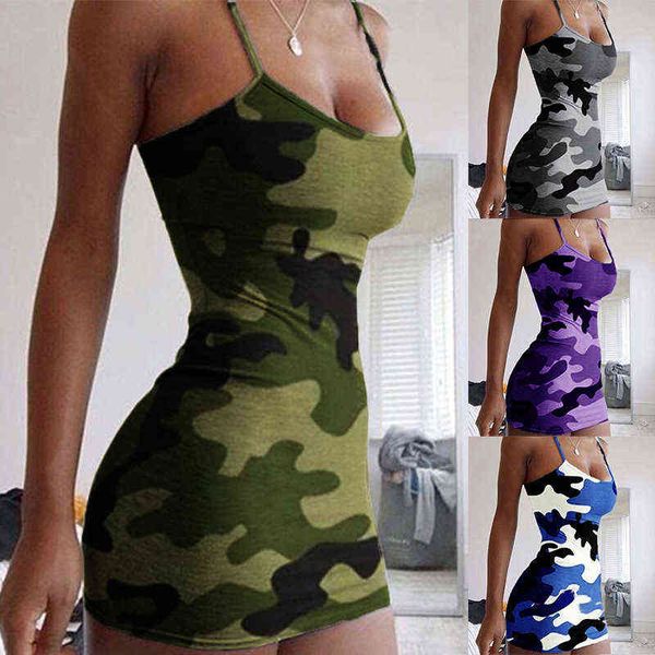 Vestito 2022 Estate di Nuovo Modo Sexy Sling Senza Maniche Camouflage Stampa Abiti per Le Donne Breve Sottile Skinny Femminile Dressess Abiti Y1204