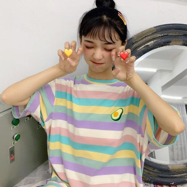 

women's t-shirt fashion summer casual t shirt short sleeve o-neck rainbow striped fruit embroidery loose tee, White