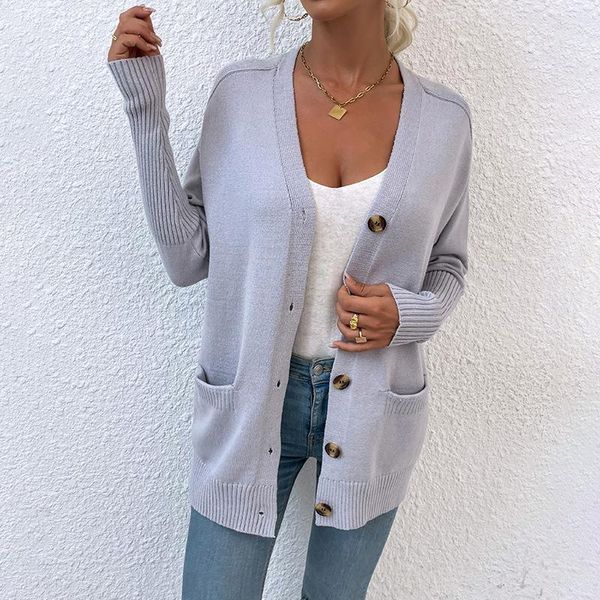

women's knits & tees 2021 autumn v-neck pockets button up cardigan women casual formal office work ladies sweater long sleeves ribbed k, White