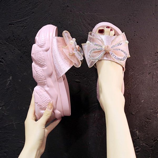 

pink slides female shoes ladies' slippers platform fashion string bead women heels butterfly-knot loafers 2021 luxury flat high, Black