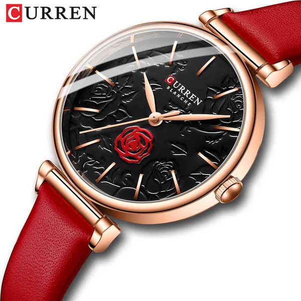 Curren Rote Uhren für Damen, bezaubernde Blumen-Zifferblatt, Quarz-Armbanduhr für Damen-Lederuhr im Kleidungsstil Q0524