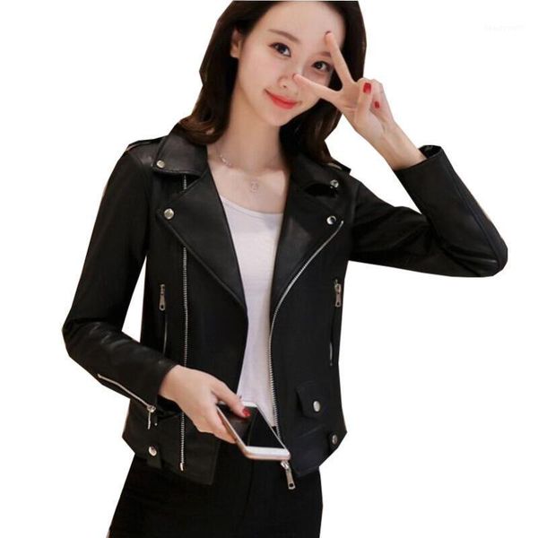 

women's pu leather short slim jacket coat motorcycle military zipper jackets ladies punk bomber faux outwear w86 &, Black