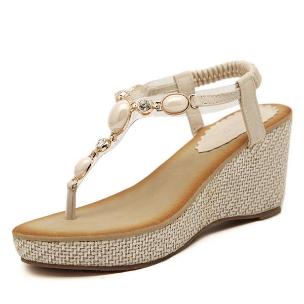 

casual women's sandals dresses 2021 platform beach woman wedge shoe summer footwear fashion rhinestones female bead sandal 35-40, Black
