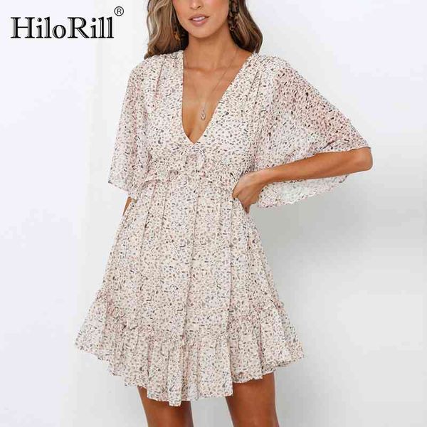

women back hollow out print mini dress summer deep v neck boho beach es short sleeve ruffle chiffon party 210508, Black;gray