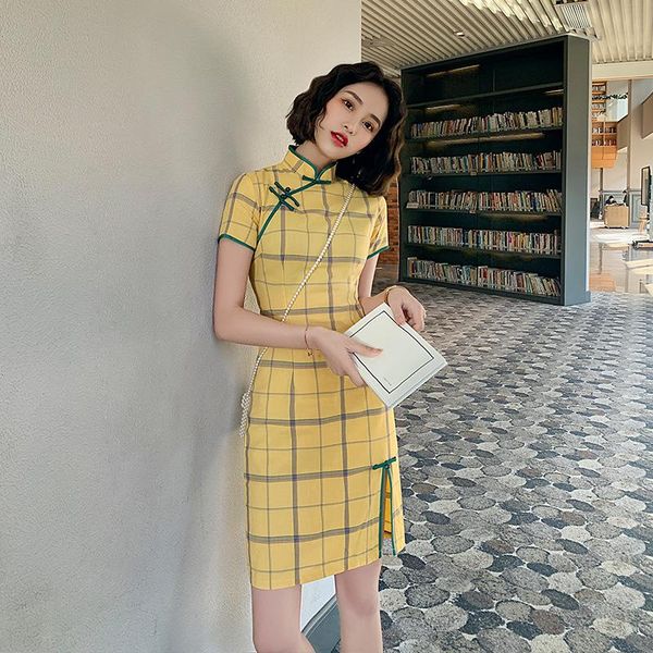 

ethnic clothing elegant slim chinese vintage short sleeve daily dress women cotton mini qipao high split plaid cheongsam, Red