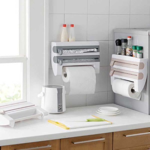 

in 1 kitchen organizer paper towel holder cling film cutting sauce bottle tin foil storage rack shelf hooks & rails