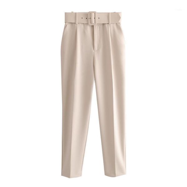 

women's pants & capris women chic fashion high waist with belt vintage zipper pockets office wear female ankle trousers mujer, Black;white