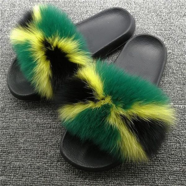 

slippers fur women real slides furry flat sandals female cute fluffy shoes, Black