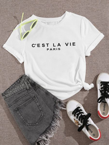

plus slogan graphic round neck tee p7vf#, Black
