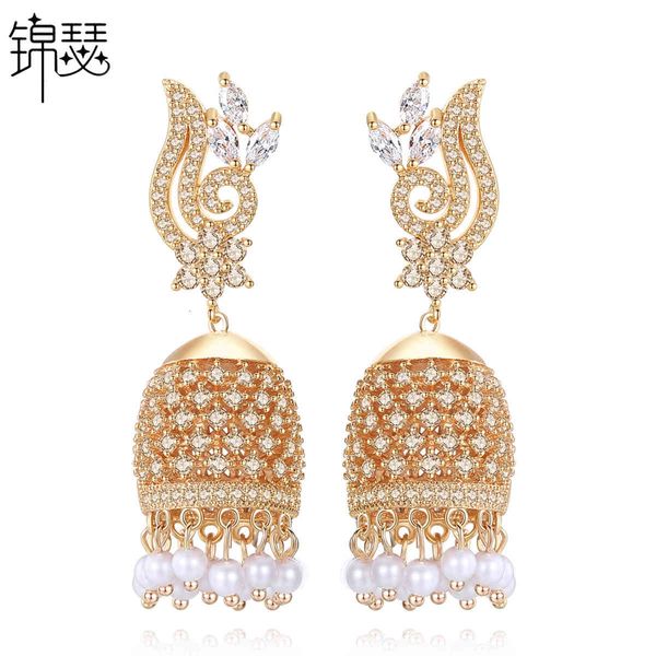

jewelry charm stud 's favorite earrings: aaa zircon fashion earrings with copper inlays and pearl bell shaped for women, Golden