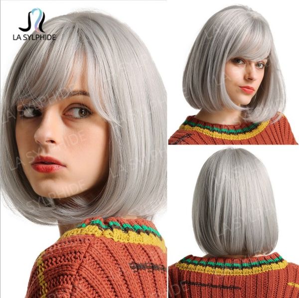 

synthetic wigs short hair straight platinum brand air bangs, Black