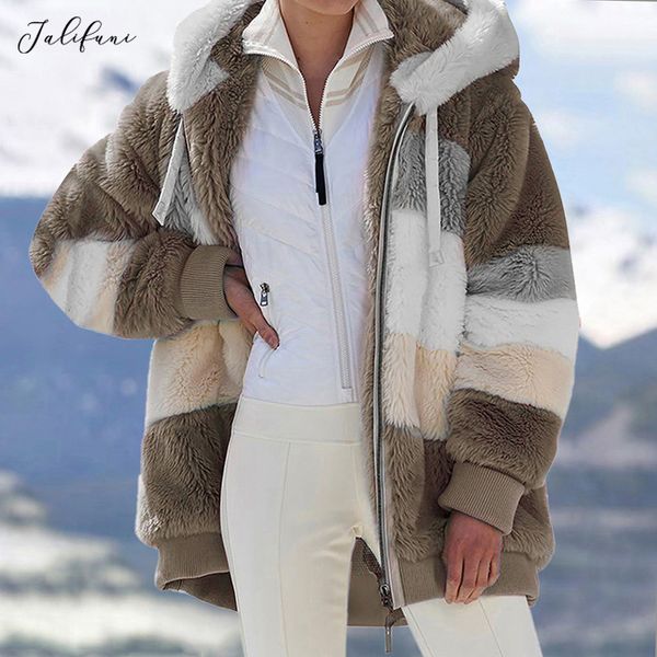 Cappotti e giacche Donna Patchwork Pelliccia sintetica Orsacchiotto con cappuccio Zip Up Capispalla Caldo soffice Pelliccia Autunno Inverno Abbigliamento taglie forti 210415