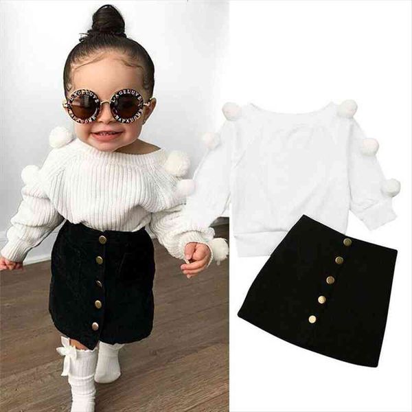 

toddler baby girls 2pcs autumn winter clothes sweater knit black button skirt outfits for 0-6 years, White