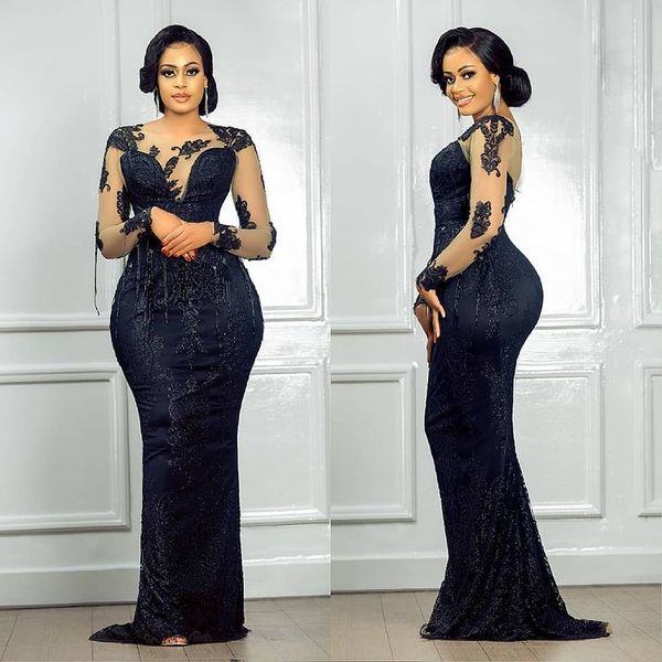 

2022 plus size arabic aso ebi black mermaid prom dresses sheer neck beading evening formal party second reception gowns dress zj222