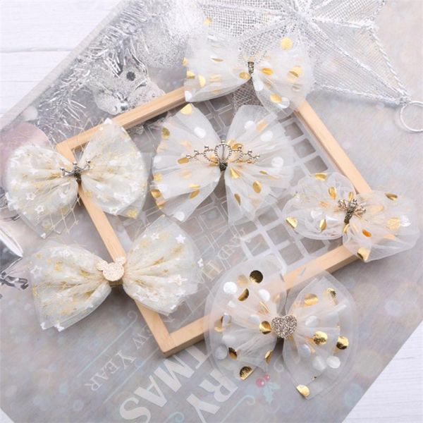 

10pcs/lot high quatity barrette bow sweet crown dot yarn children hairpin clip soft mesh kids hairgrip princess hair accessories, Slivery;white