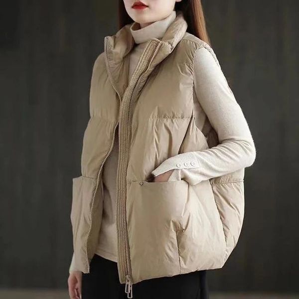 

women's vests 2021 women autumn winter coat white duck down vest jacket stand collar casual female parkas zipper ladies solid waistcoat, Black;white
